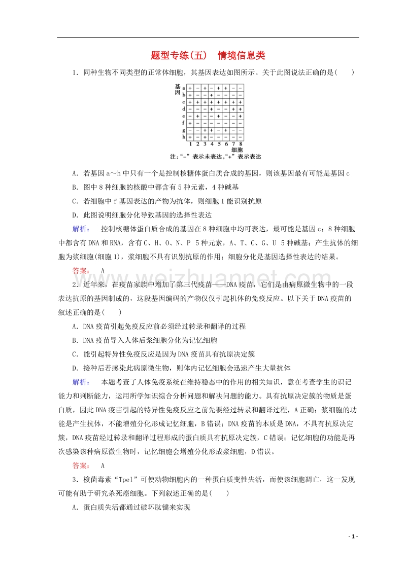 2018届高考生物二轮复习 第二部分 科学专项提能 专项二 掌握六类热考题型 把握高考解题技巧 题型专练（五）情境信息类.doc_第1页