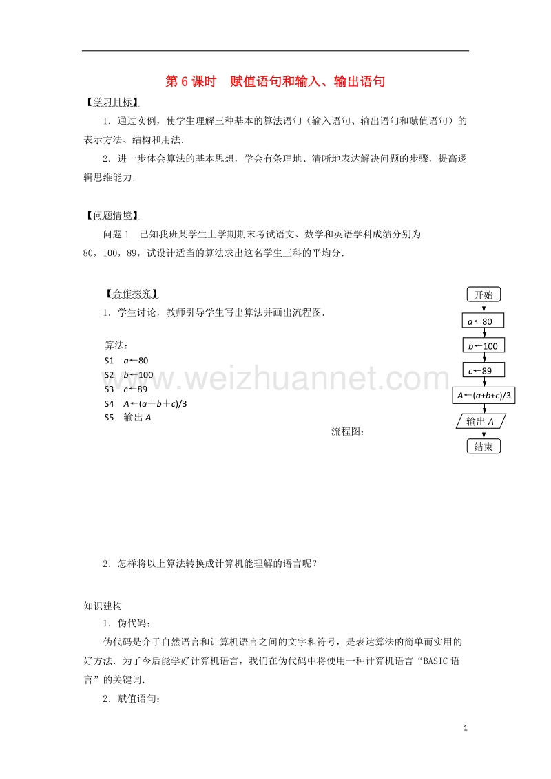 江苏省宿迁市高中数学第一章算法初步第6课时赋值语句和输入输出语句导学案无答案苏教版必修.doc_第1页