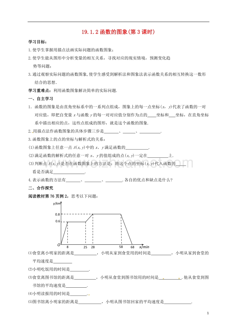 天津市宁河区八年级数学下册 19 一次函数 19.1 变量与函数 19.1.2 函数的图象（第3课时）导学案（无答案）（新版）新人教版.doc_第1页