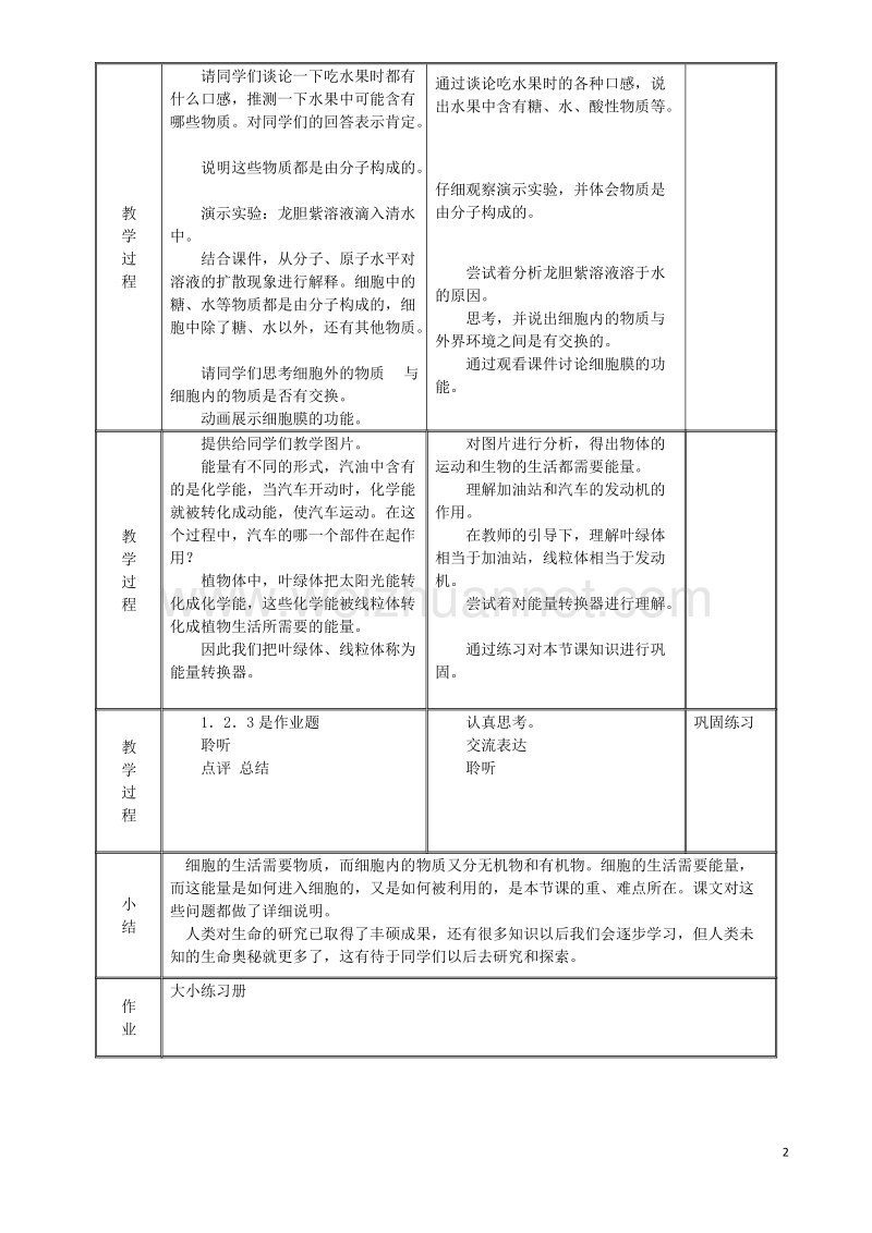 七年级生物上册2.1.4细胞的生活教案新版新人教版20170811255.doc_第2页