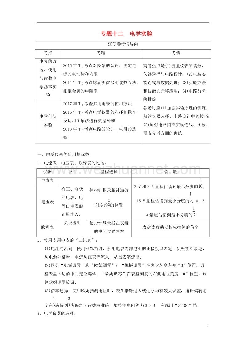 （江苏专版）2018版高考物理二轮复习 第一部分 专题十二 电学实验学案.doc_第1页