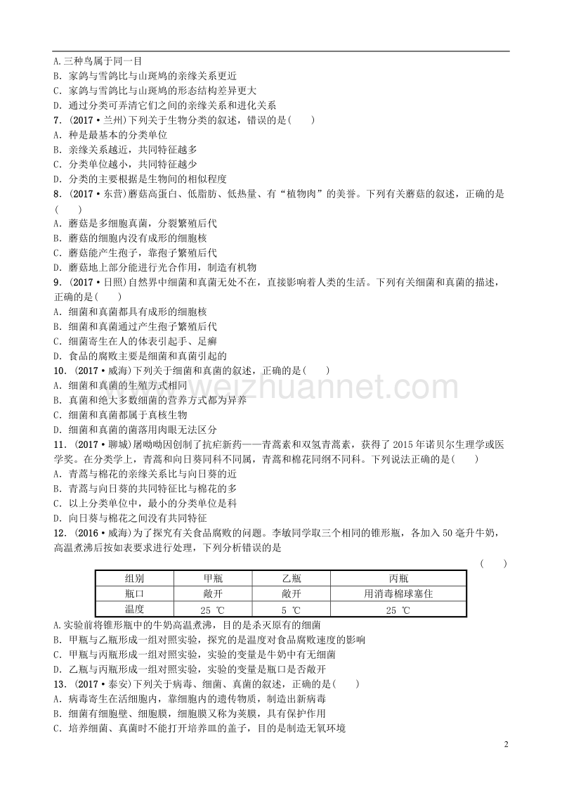 山东省济南市2018年中考生物 第二单元 多彩的生物世界 第三、四章实战演练.doc_第2页