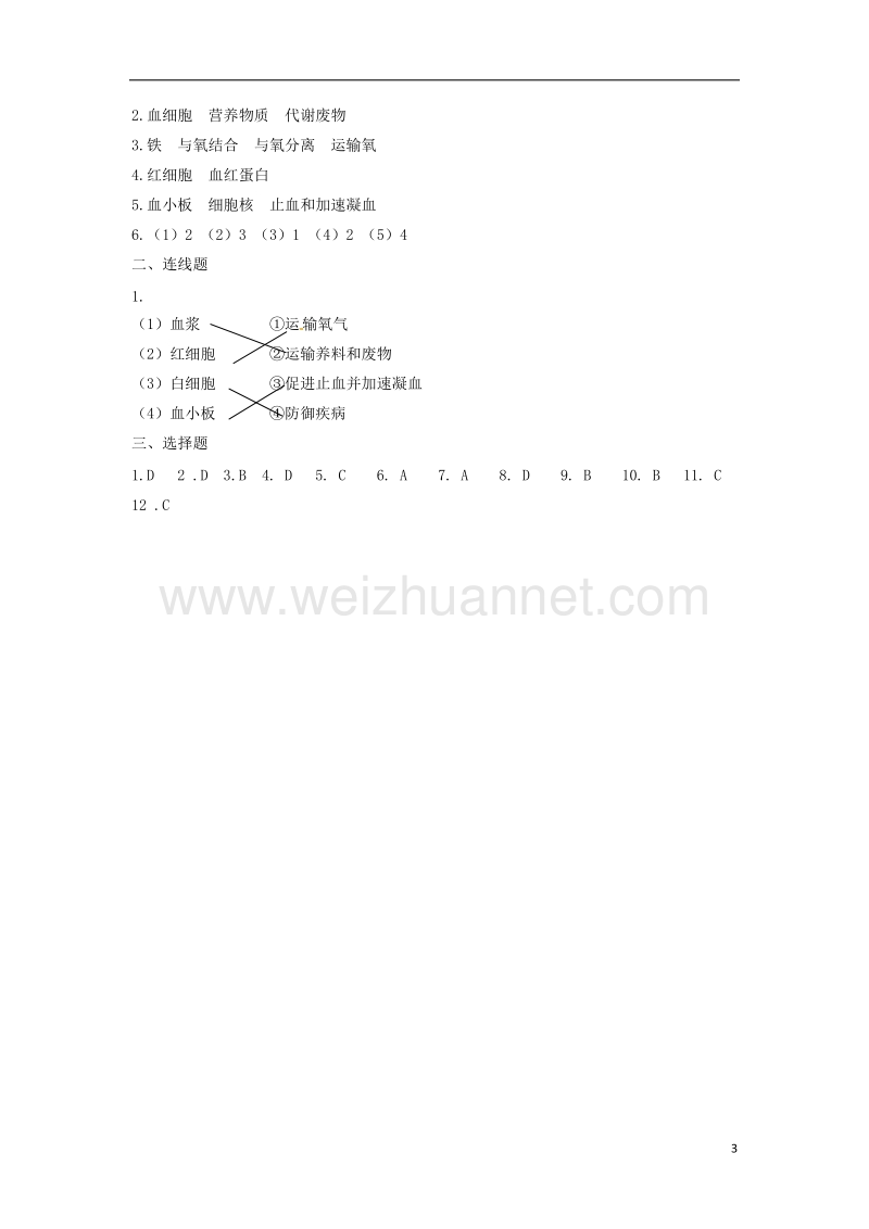 七年级生物下册 第2章 第一节 物质运输的载体同步练习1 （新版）冀教版.doc_第3页