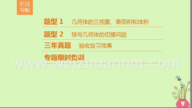 2018版高考数学二轮复习 第1部分 重点强化专题 专题4 立体几何 第8讲 空间几何体的三视图、表面积和体积课件 理.ppt_第3页