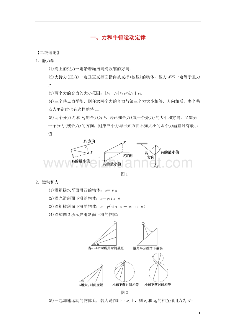 2018版高考物理二轮复习 第2部分 专项4 考前回扣——结论性语句再强化 1 力和牛顿运动定律学案.doc_第1页