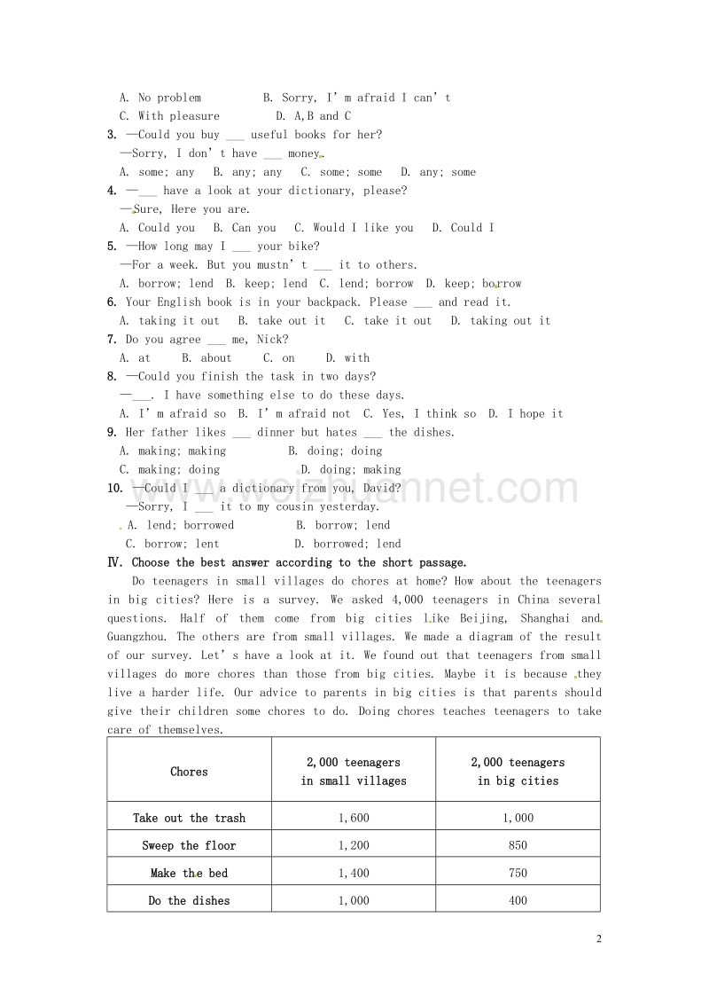 八年级英语下册 unit 3 could you please clean your room综合练习 （新版）人教新目标版.doc_第2页