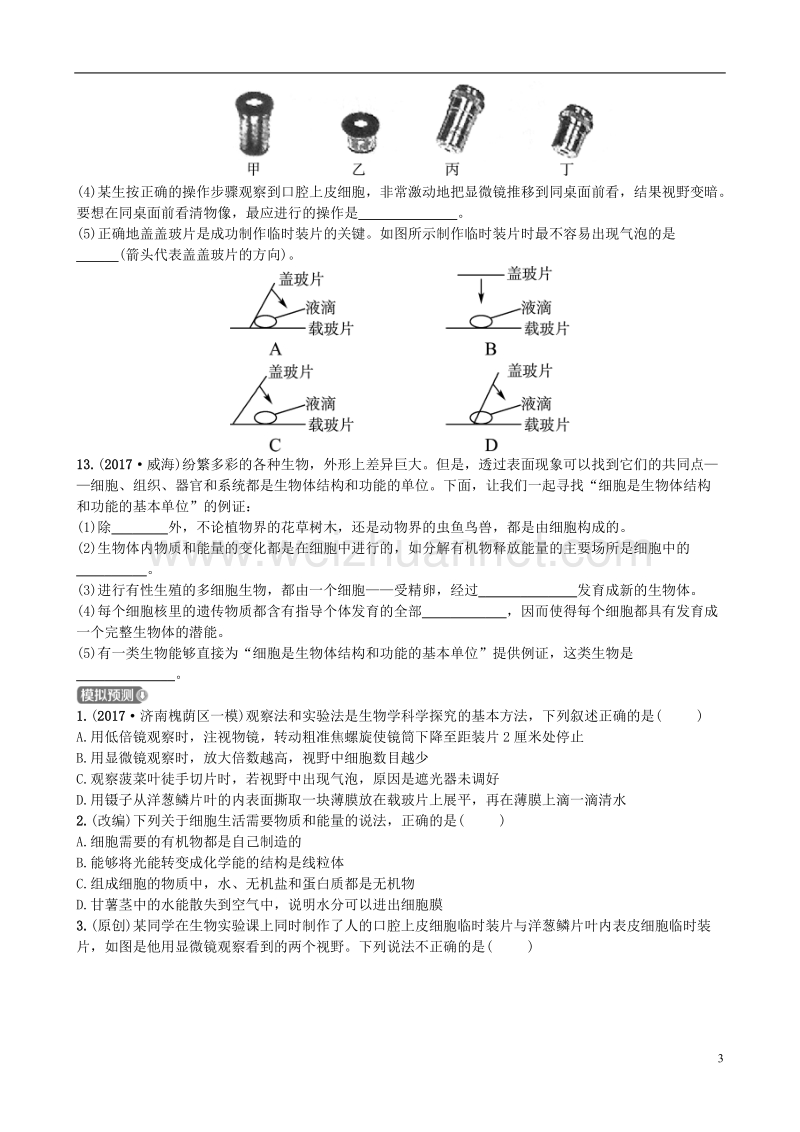 山东省济南市2018年中考生物 第一单元 奇妙的生命现象 第二章 观察生物结构实战演练.doc_第3页