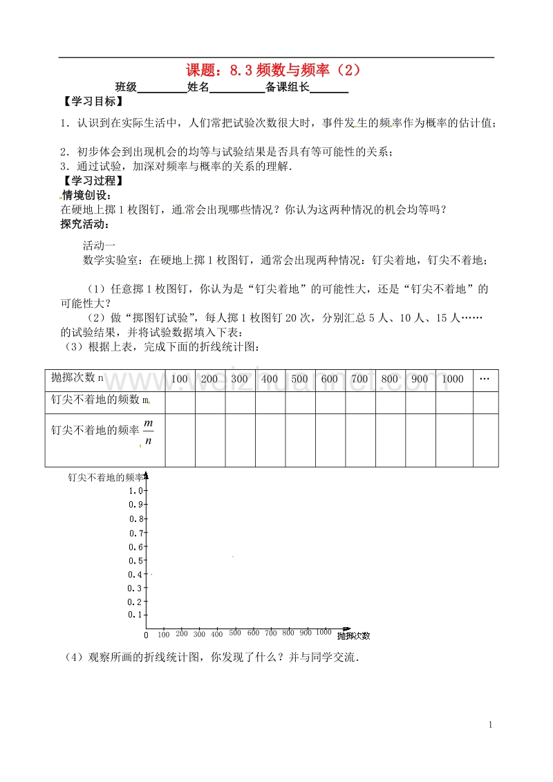 江苏省丹阳市八年级数学下册 8《认识概率》8.3 频率与概率（2）学案（无答案）（新版）苏科版.doc_第1页