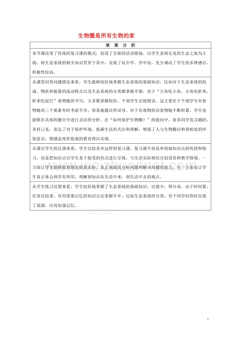 六年级生物上册 第一单元 第二章 生物圈是所有生物的家效果分析 鲁科版（五四制）.doc_第1页