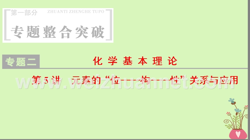 2018版高考化学二轮复习 专题2 化学基本理论 第5讲 元素的“位——构——性”关系与应用课件.ppt_第1页