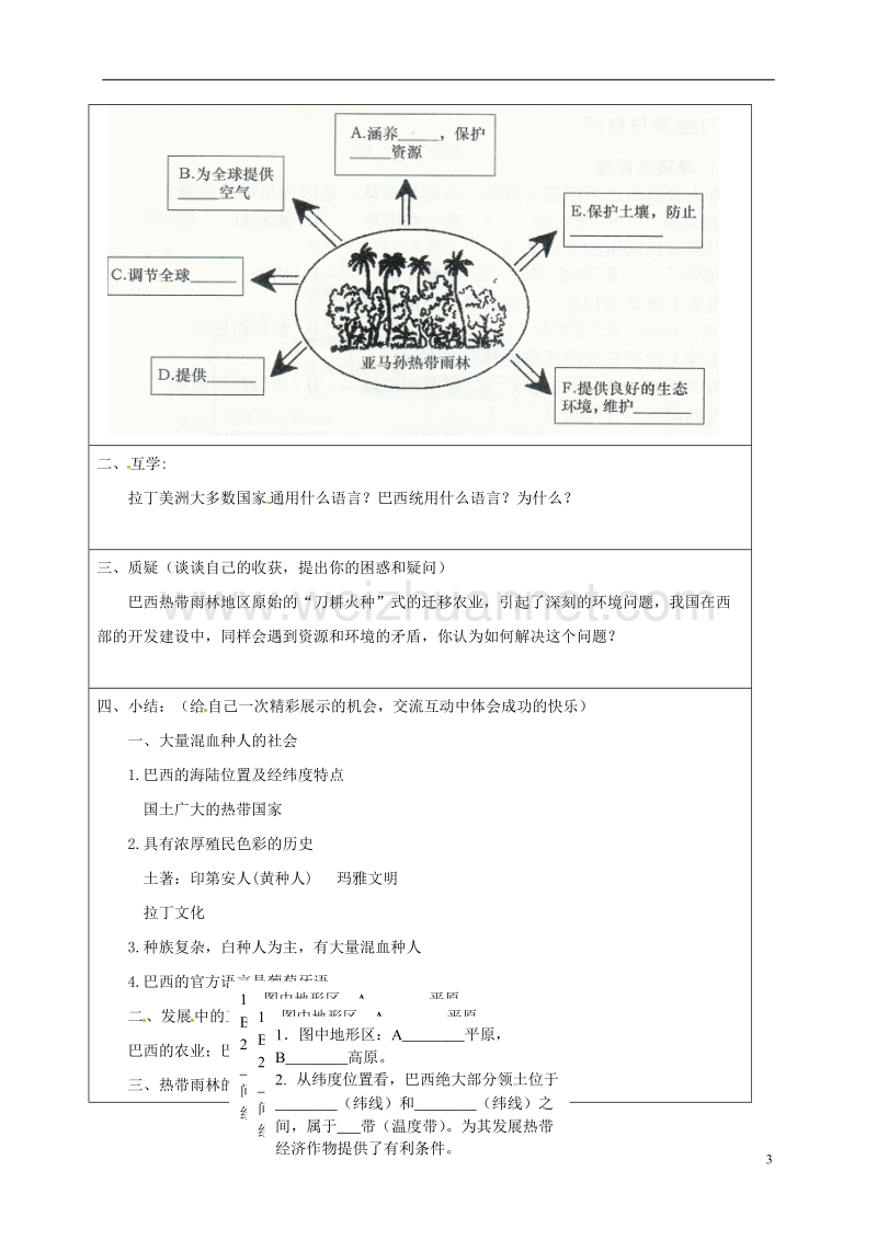 天津市宁河区七年级地理下册 第九章 第二节 巴西学案（无答案）（新版）新人教版.doc_第3页