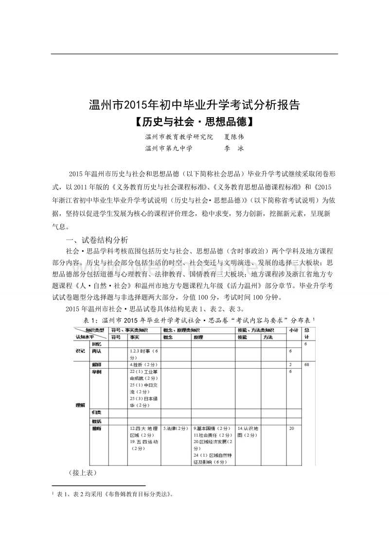 温州市2015年初中毕业升学考试分析报告(社会思品).doc_第1页