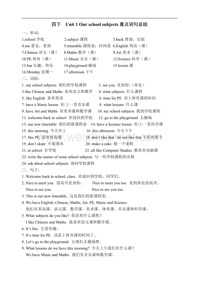 江苏译林版英语四年级下册单元知识词句总结.doc_第1页