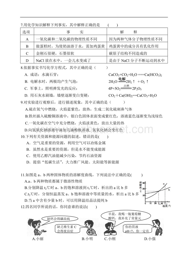 哈尔滨市道外区2017年初中毕业学年调研测试(一)化学试题及答案.doc_第2页