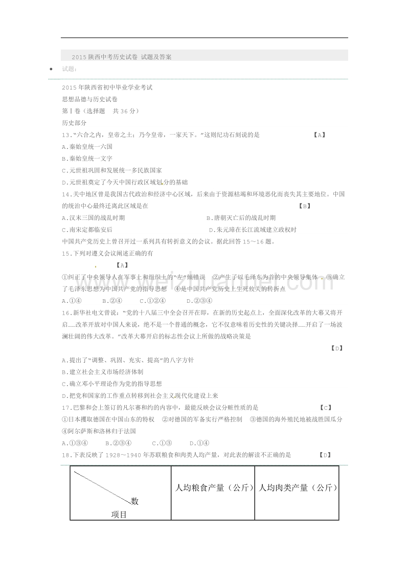 2015陕西中考历史试卷-试题及答案.docx_第1页