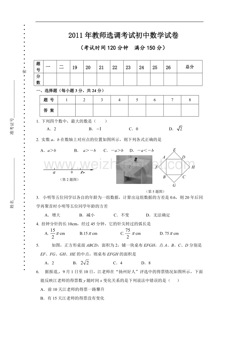 教师选调考试初中数学试卷.doc_第1页