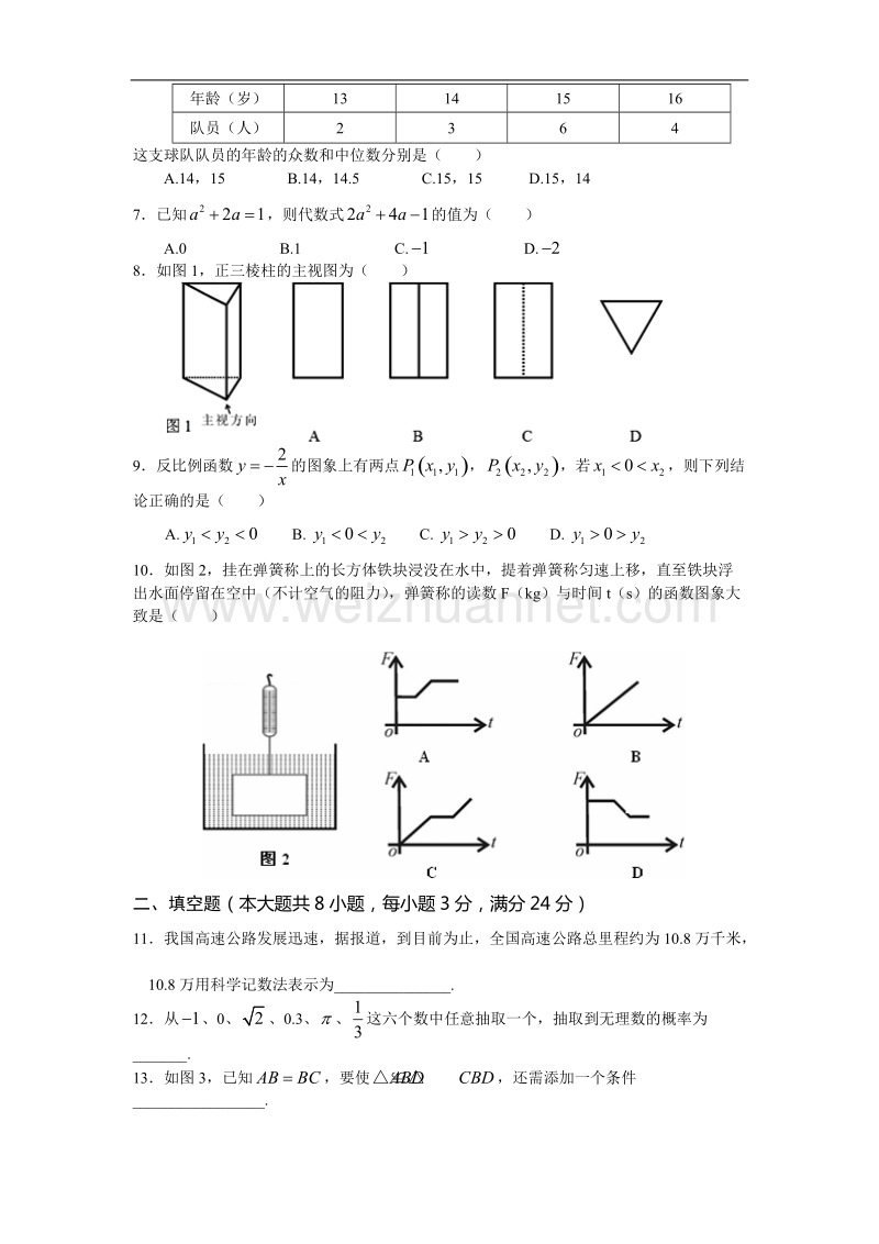 娄底市2015年初中毕业学业考试数学试题卷及答案(word版).doc_第2页