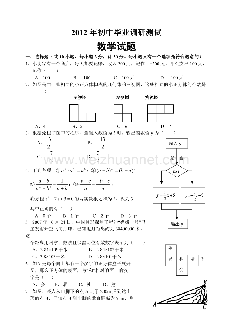 2012年初中毕业调研测试数学最后定稿.doc_第1页