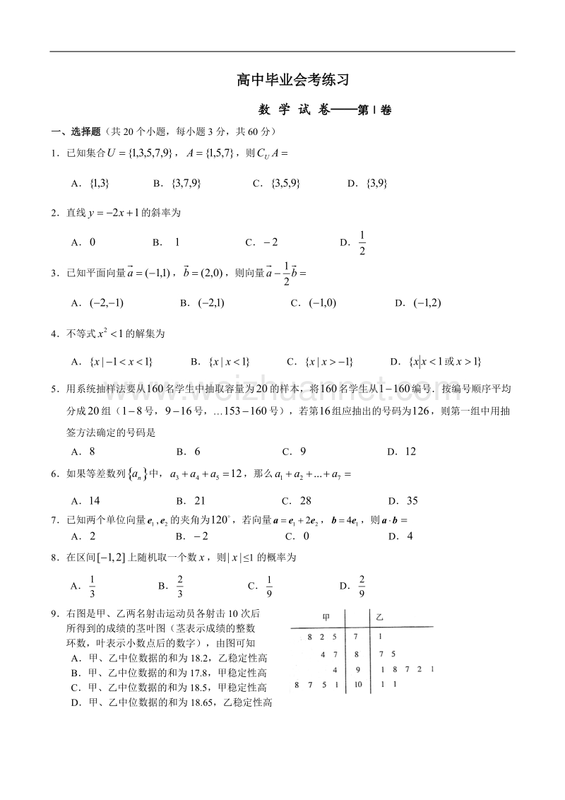 高中数学毕业会考练习(试卷).doc_第1页