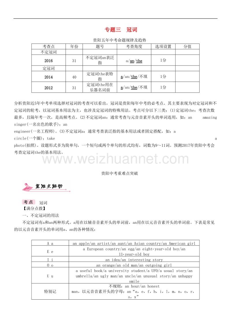 【贵阳专版】2017中考英语命题研究第二部分语法专题突破篇专题三冠词精讲试题.doc_第1页