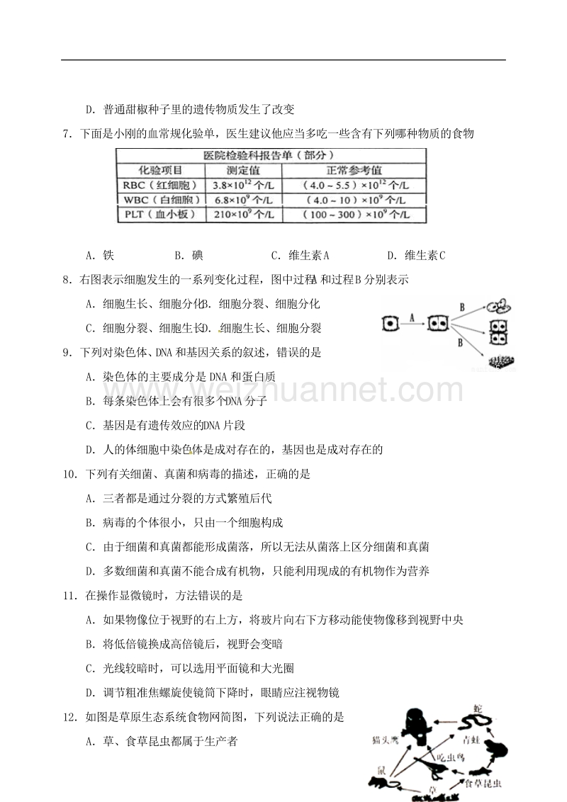 内蒙古满洲里市2016届初中生物毕业生学业模拟试题(新).doc_第2页