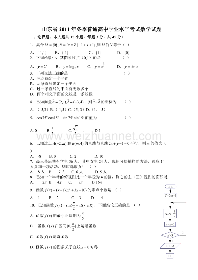 山东省2011年秋高中学业水平考试数学试题及答案(修订版).doc_第1页