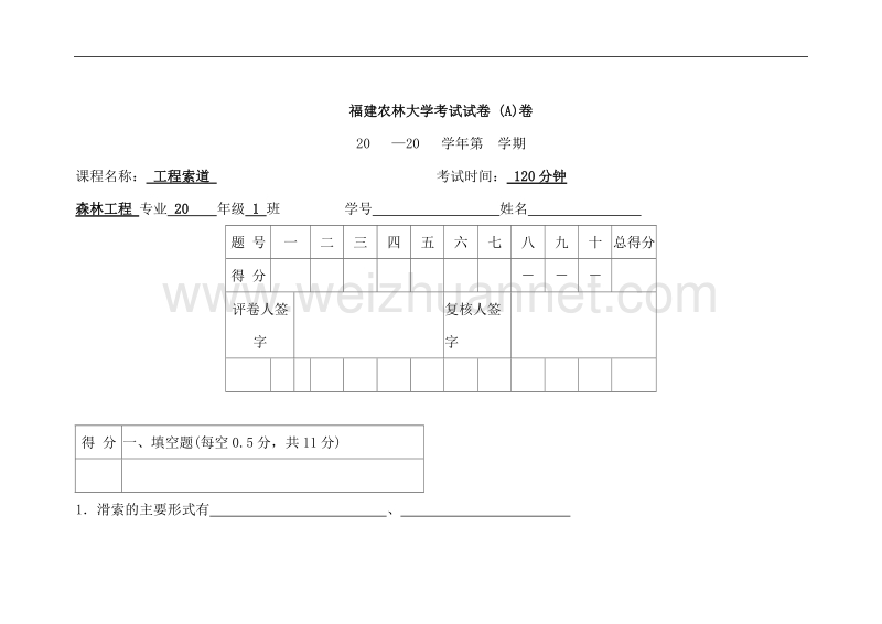 福建农林大学工程索道试卷-(a)卷.doc_第1页