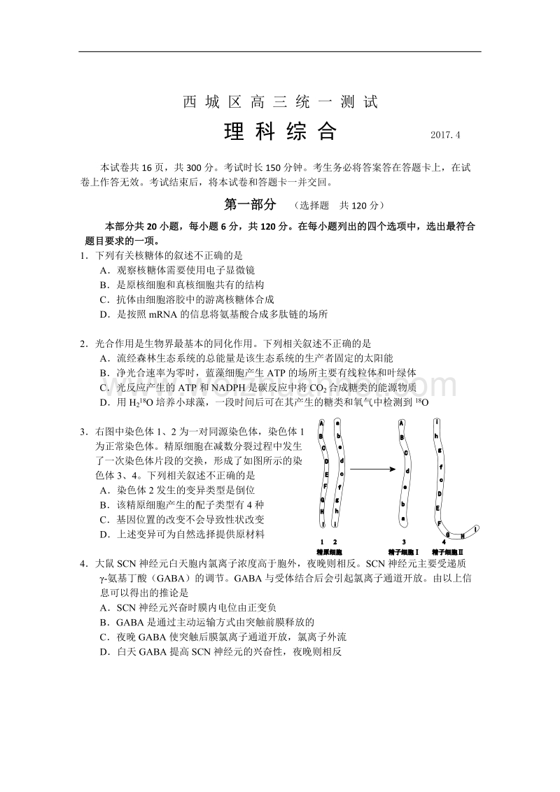 2017年4月西城高三生物一模试题及答案.doc_第1页