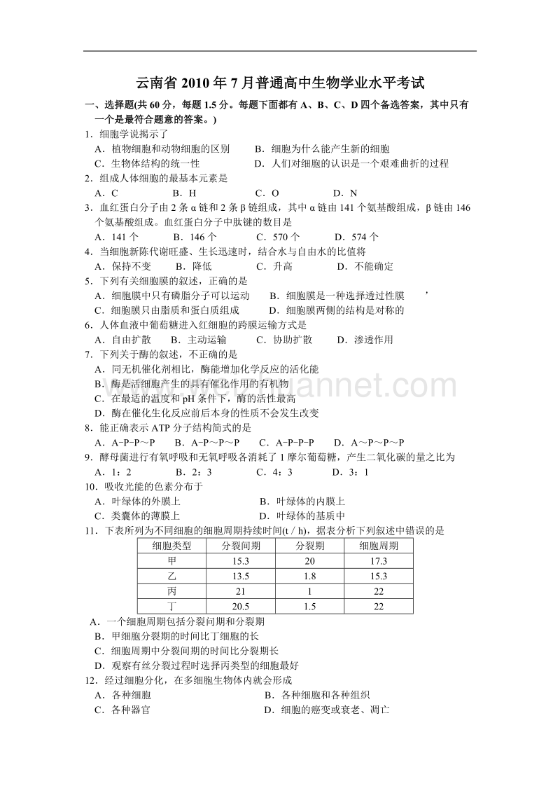 云南省历年高中生物学业水平考试试题.doc_第1页