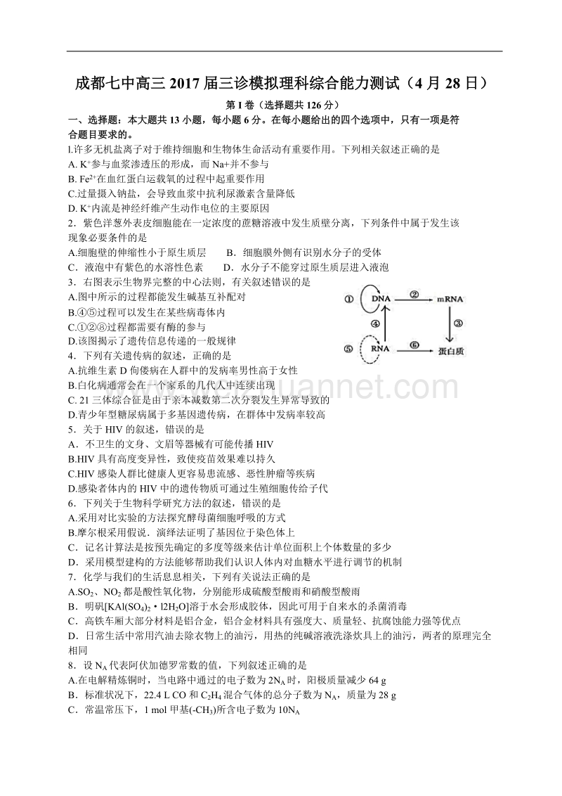 四川省成都市第七中学2017届高三三诊模拟理科综合试题(word版).doc_第1页