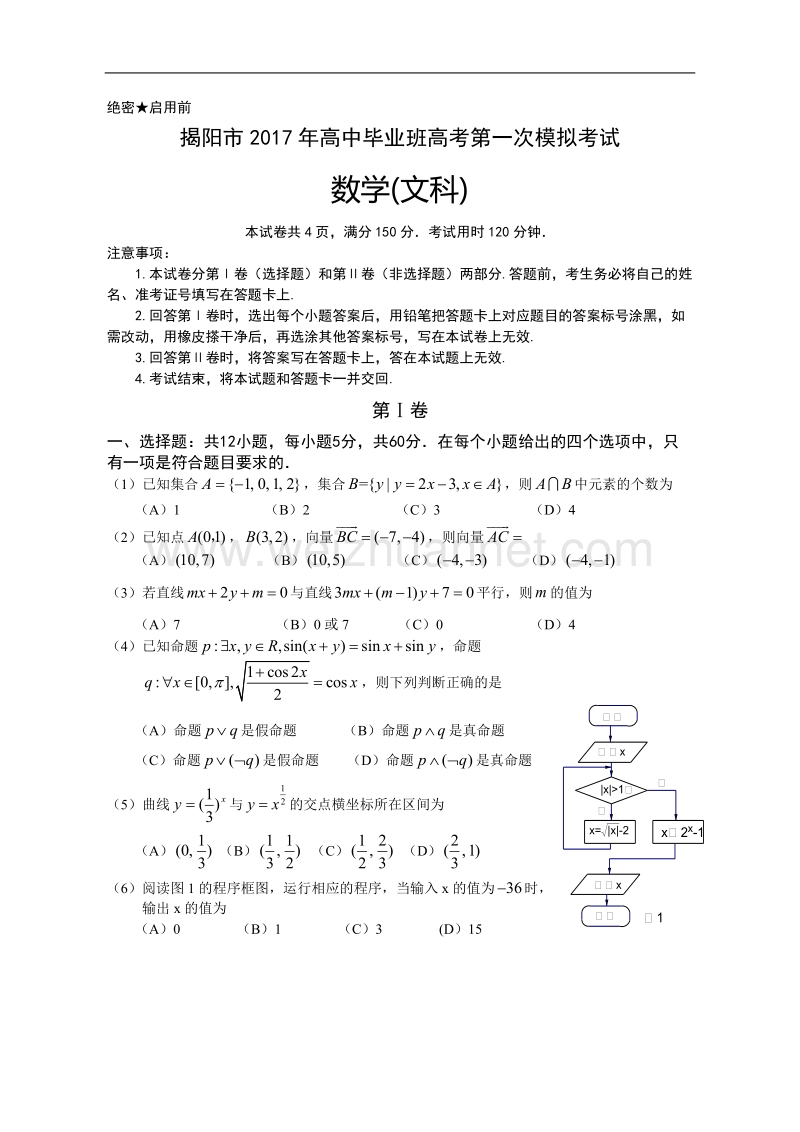 揭阳市2017年高中毕业班高考第一次模拟考试文数试卷及参考 答案.doc_第1页