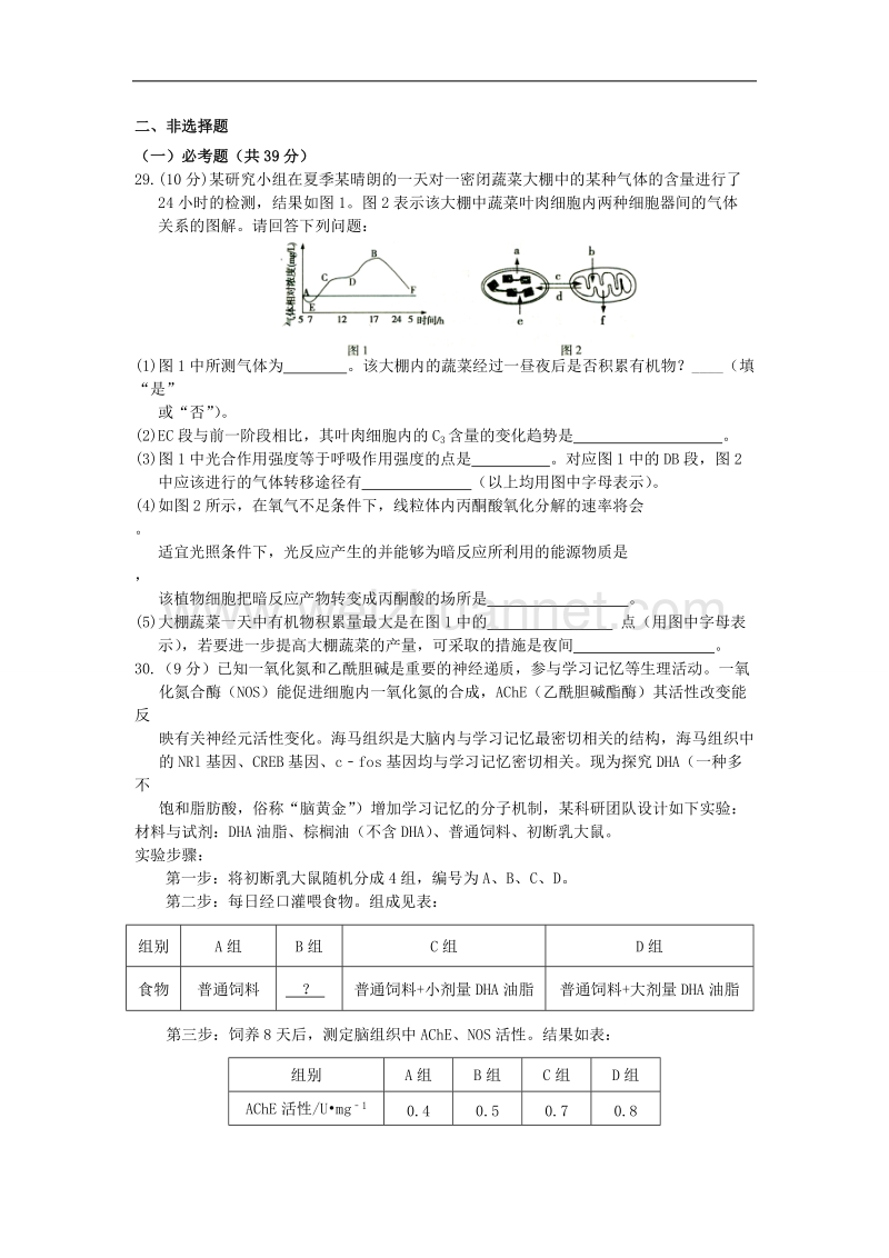 2016年呼和浩特市高三年级第一次统考生物试卷.doc_第2页