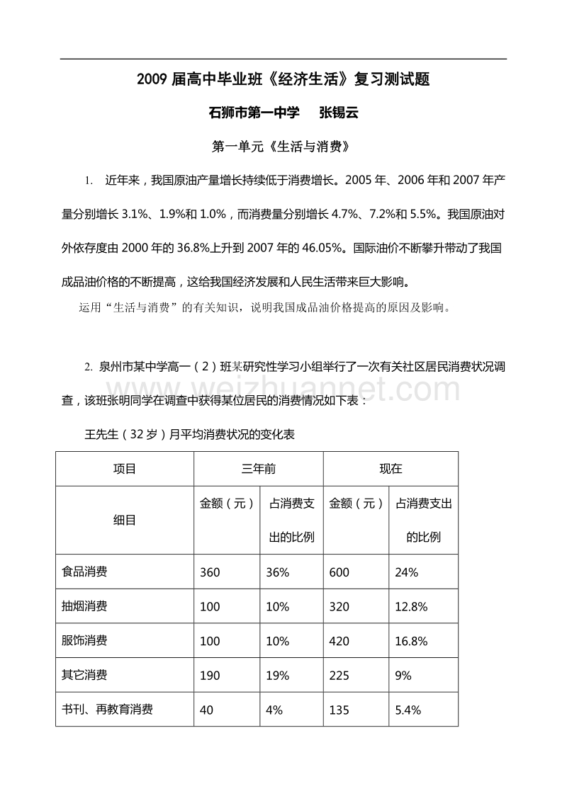 2009届高中毕业班经济生活复习测试题.doc_第1页