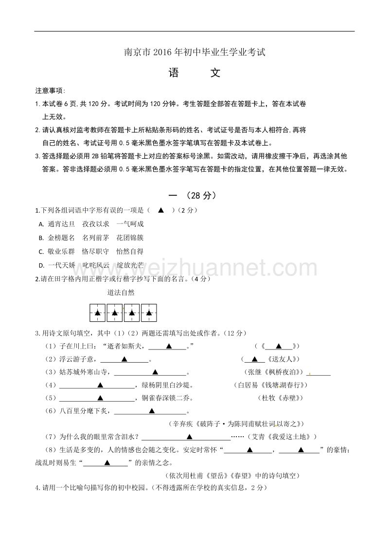 2016年中考试题：语文(江苏省南京卷).doc_第1页