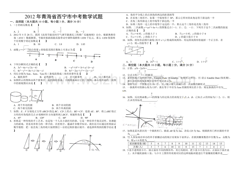 2012年青海省西宁市中考数学试题及答案.doc_第1页