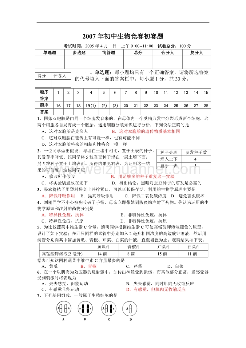 初中生物奥赛试题.doc_第1页