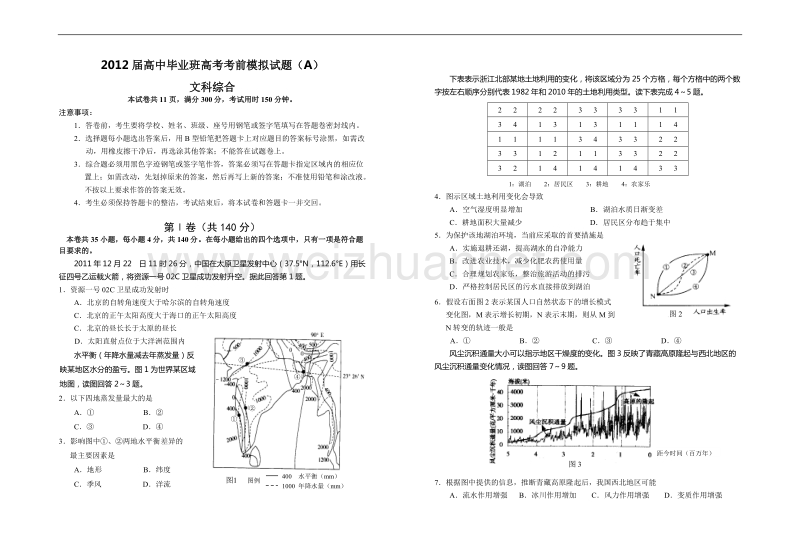 (文综试题+答案)2012届高中毕业班高考考前模拟试题(汕头金山三模).doc_第1页