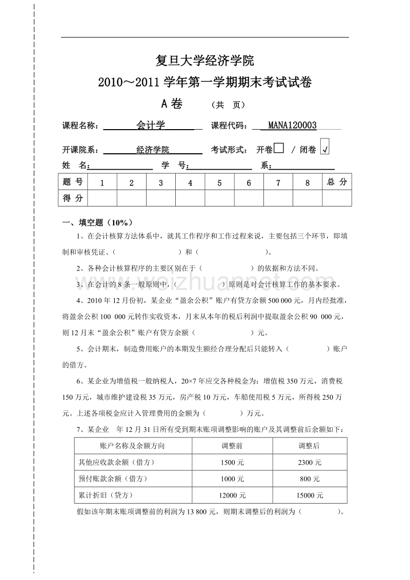 复旦大学经济学院2011年会计学期末试卷(含答案).doc_第1页