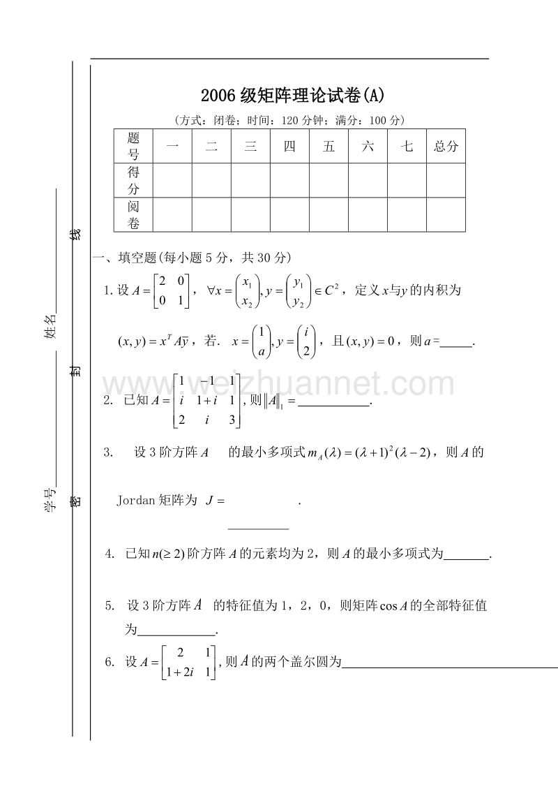 2006级研究生矩阵理论试卷.doc_第1页