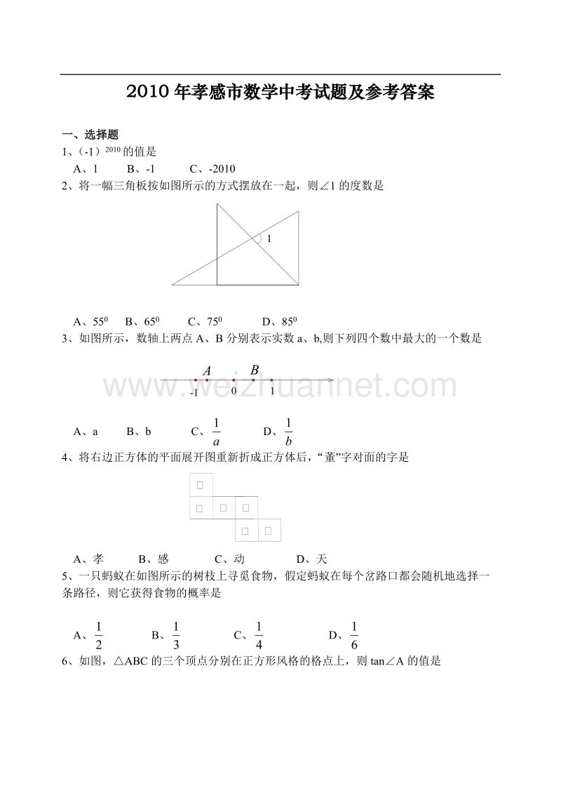 2010年孝感市数学中考试题及参考 答案.doc_第1页