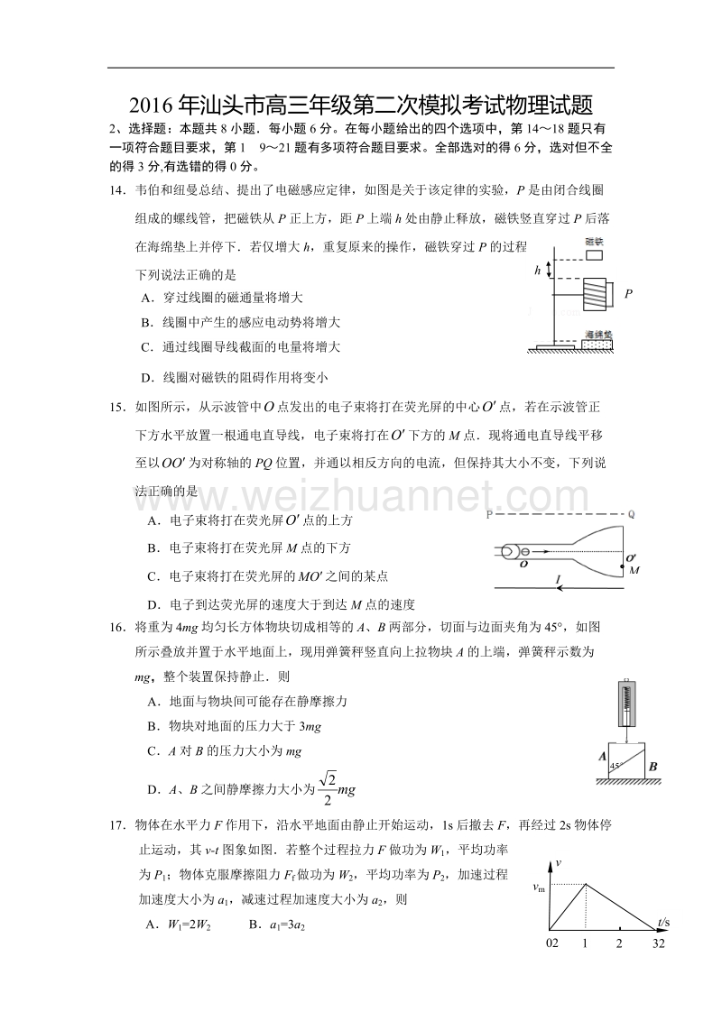 2016年汕头市高三二模物理试题及答案.doc_第1页