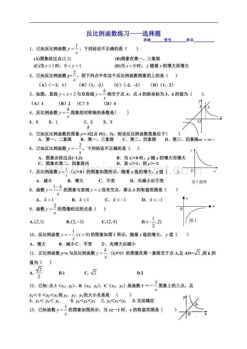 反比列函数选择40题.doc_第1页