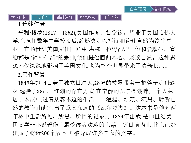 【南方新课堂 金牌学案】2017年春高中语文粤教版必修3课件：2 瓦尔登湖(节选).ppt_第3页