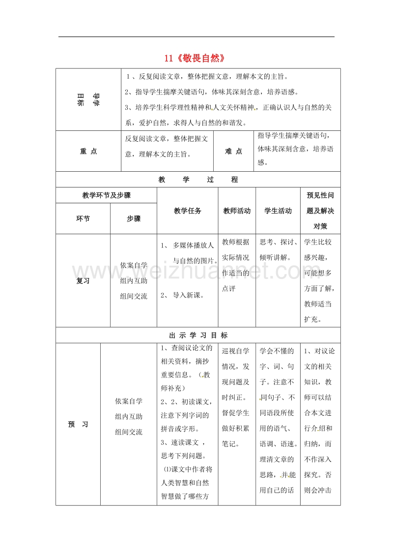 吉林省通化市2017年八年级语文下册第三单元11《敬畏自然》导学案（无答案）（新版）新人教版.doc_第1页