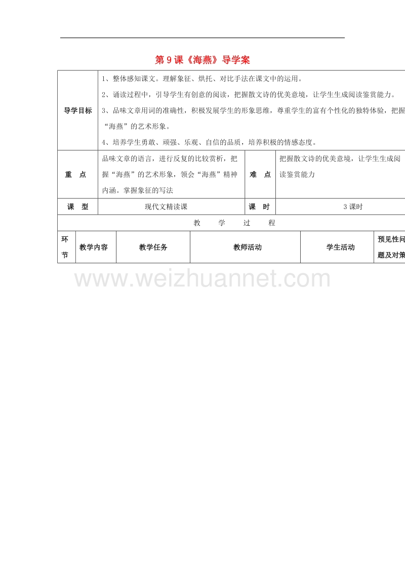 吉林省通化市2017年八年级语文下册第二单元9《海燕》导学案2（无答案）（新版）新人教版.doc_第1页