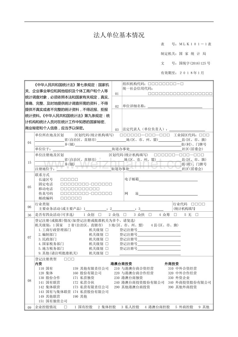 ①《法人单位基本情况》表(表号：mlk101-1表).doc_第1页