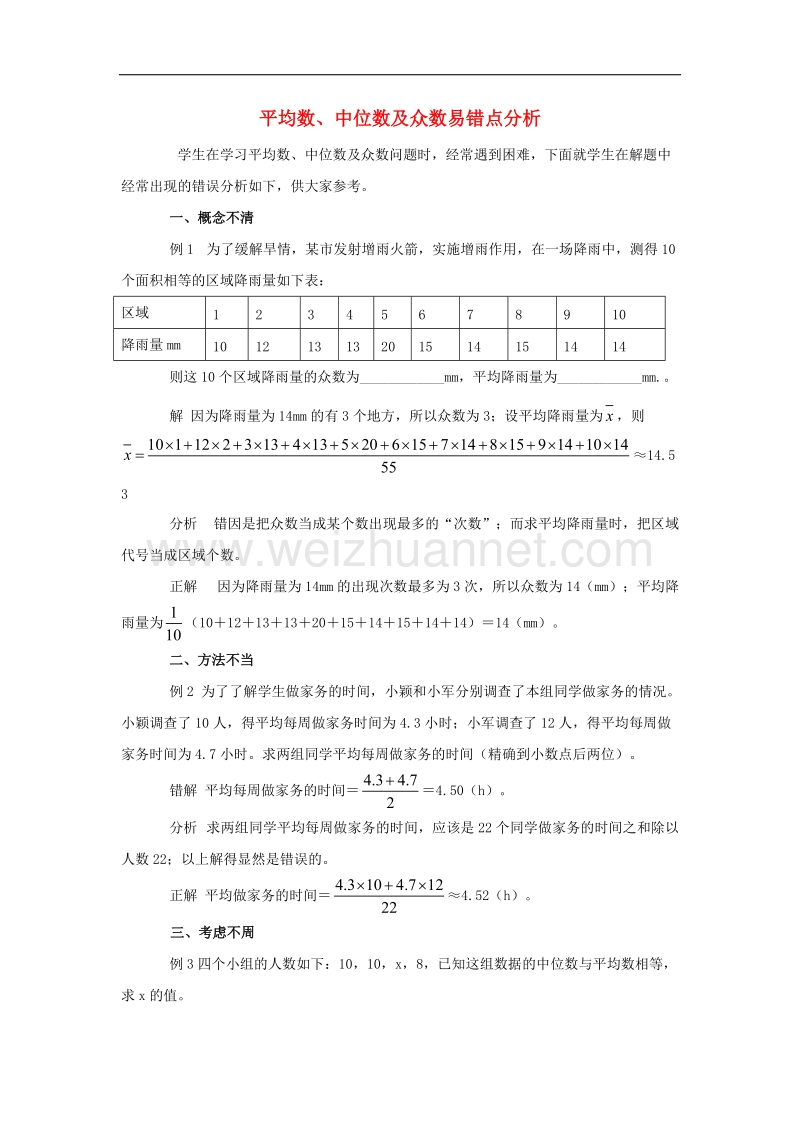 2017年八年级数学上册6.2中位数与众数平均数、中位数及众数易错点分析素材.doc_第1页