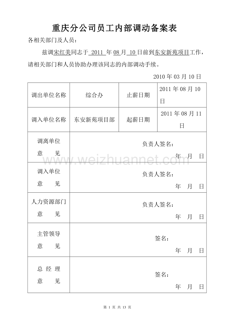 员工内部调动备案表.doc_第1页