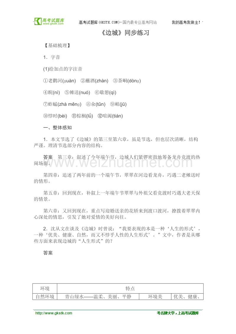 高一语文苏教版必修ⅱ优化二拖一：《边城》同步练习题.doc_第1页