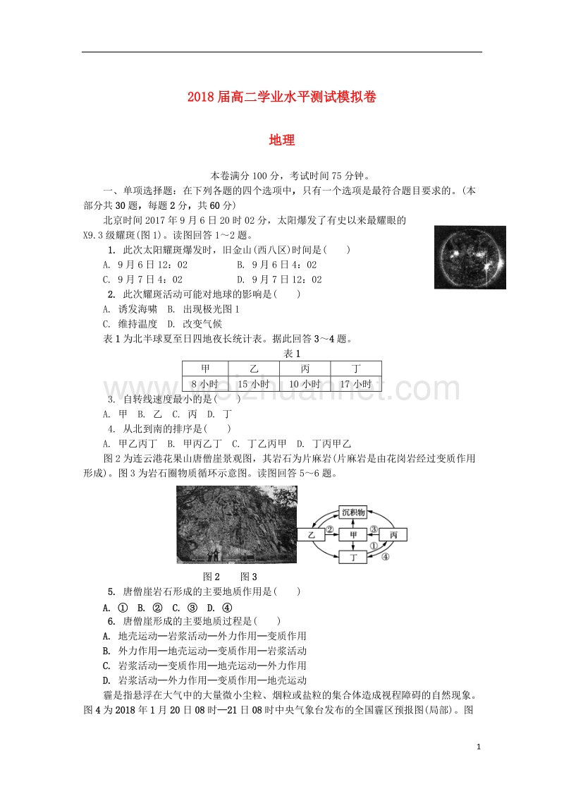 江苏省连云港市2018年高二地理学业水平测试模拟卷第二次试题.doc_第1页